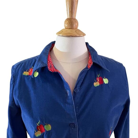 Quacker Factory Blue Corduroy Embroidered Button Down Shirt, Apple Print, Size S - Picture 2 of 13